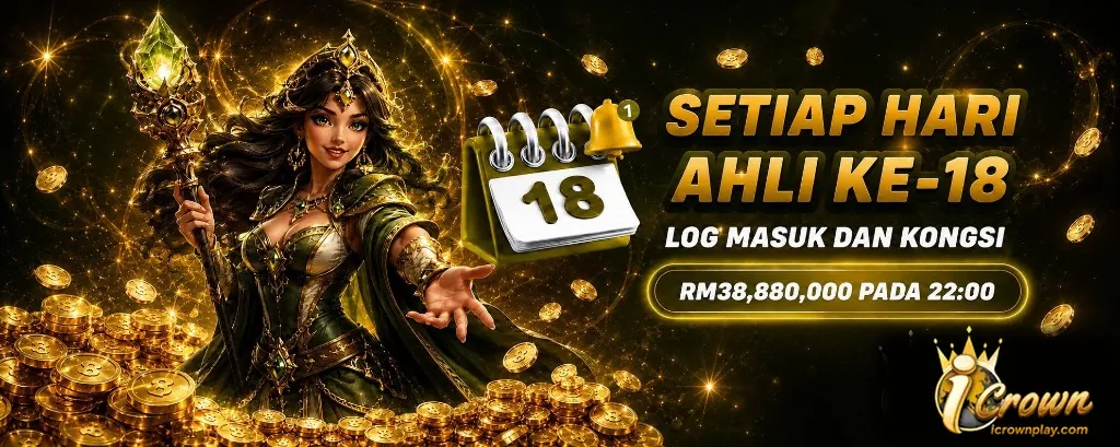 Setiap hari ahli ke-18. Log masuk dan kongsi. RM38,880,000 pada 22:00. iCrown, icrownplay.com.