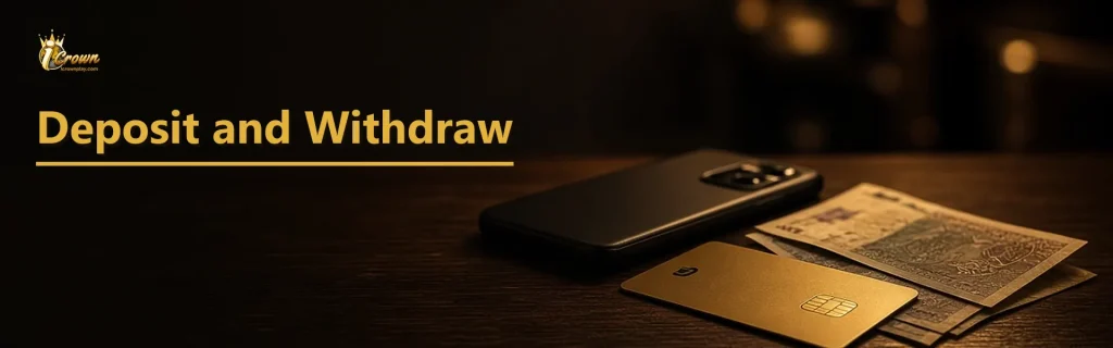 iCrown banner with ringgit notes, a gold card, and the words Deposit and Withdraw